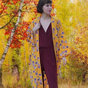 Long Golden  Rod & Lavender Floral Print  Duster Coat  Boho Chic Style